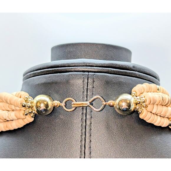 Seven Strand Wood Bead Gold Tone Shell Mountain Scene Disk Pendant 20" Necklace - Picture 7 of 8